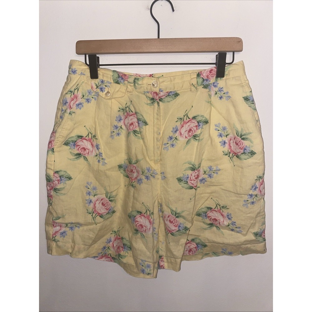 Vtg Lauren Ralph‎ Lauren 100%  Linen Yellow Pink Floral Pattern Shorts Size 10